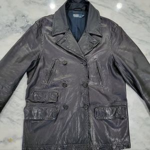 Rare RL Black Leather Peacoat XL